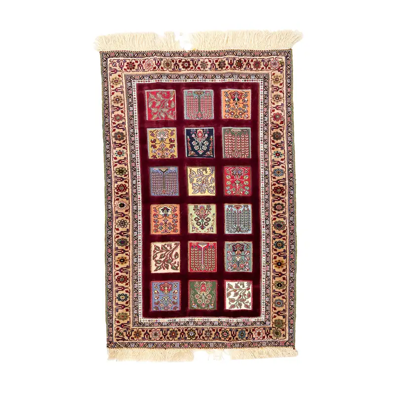 گلیم فرش قاب خشتی زرشکی سایز 132*86 کد 1378